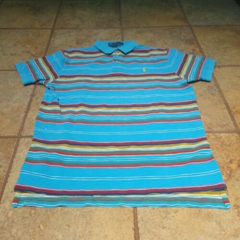 Ralph Lauren Large L Aqua Blue Red Yellow Stripe Mesh Polo Shirt Classic Fit